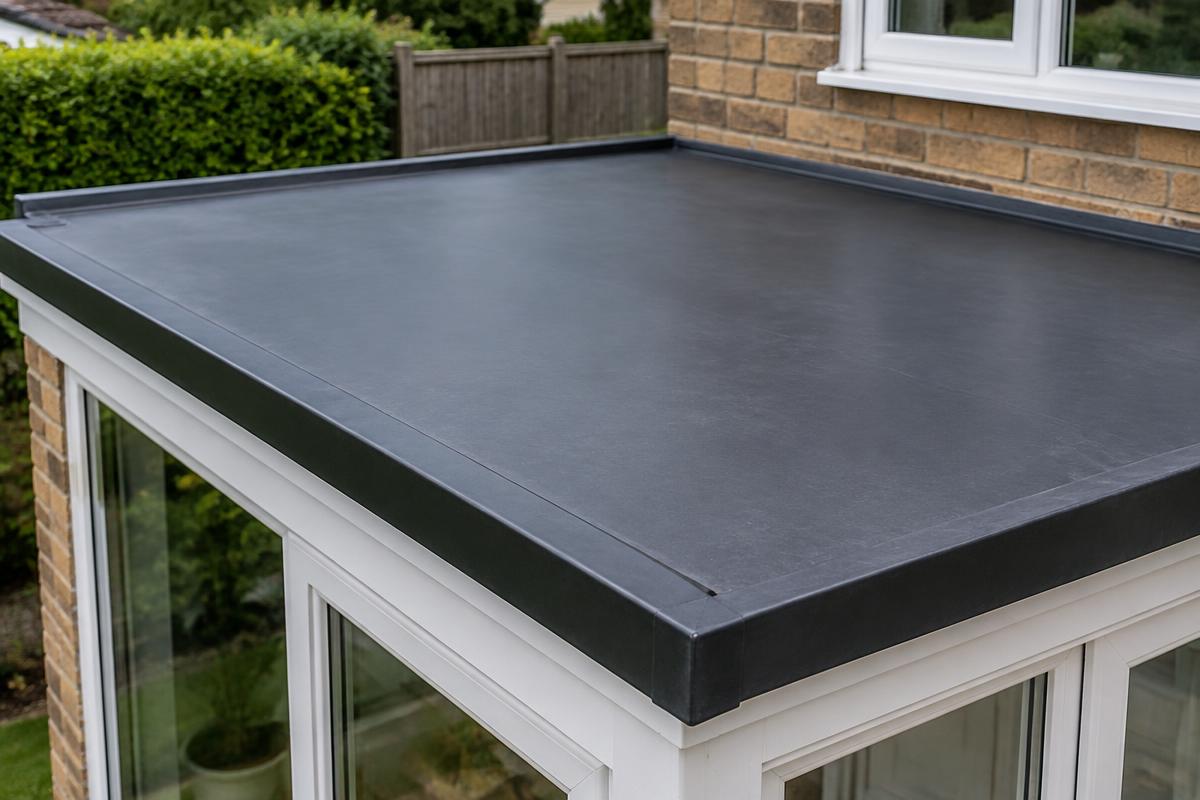 Newly installed black EPDM rubber flat roof on a house extension
