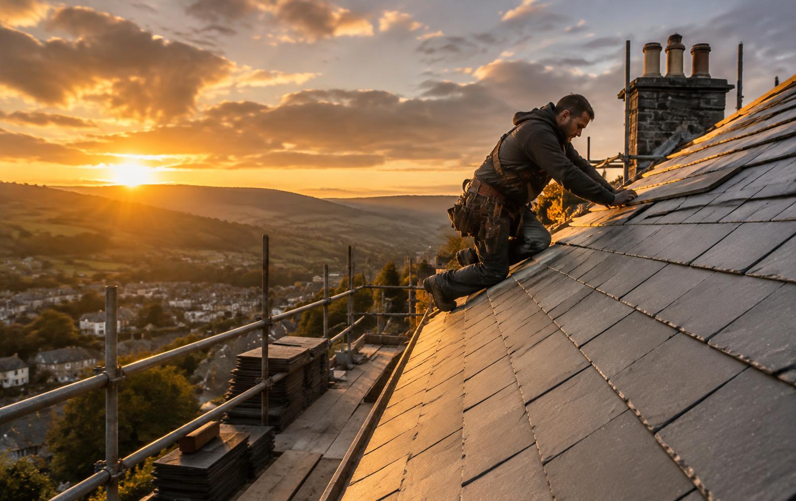 Roofer fitting natural slate on a pitched roof above the South Wales valleys